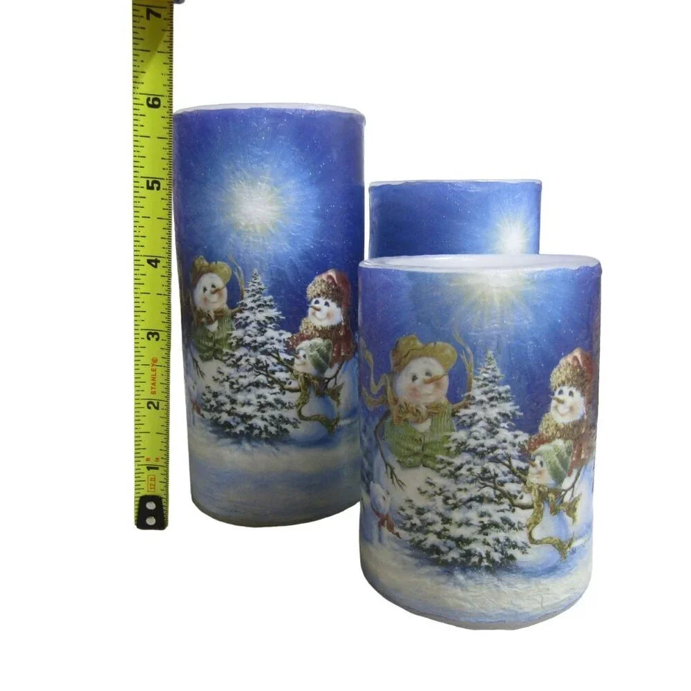 Holiday SNOWMAN NIB 3 Piece FLAMELESS LED Candle set Christmas Xmas Winter New